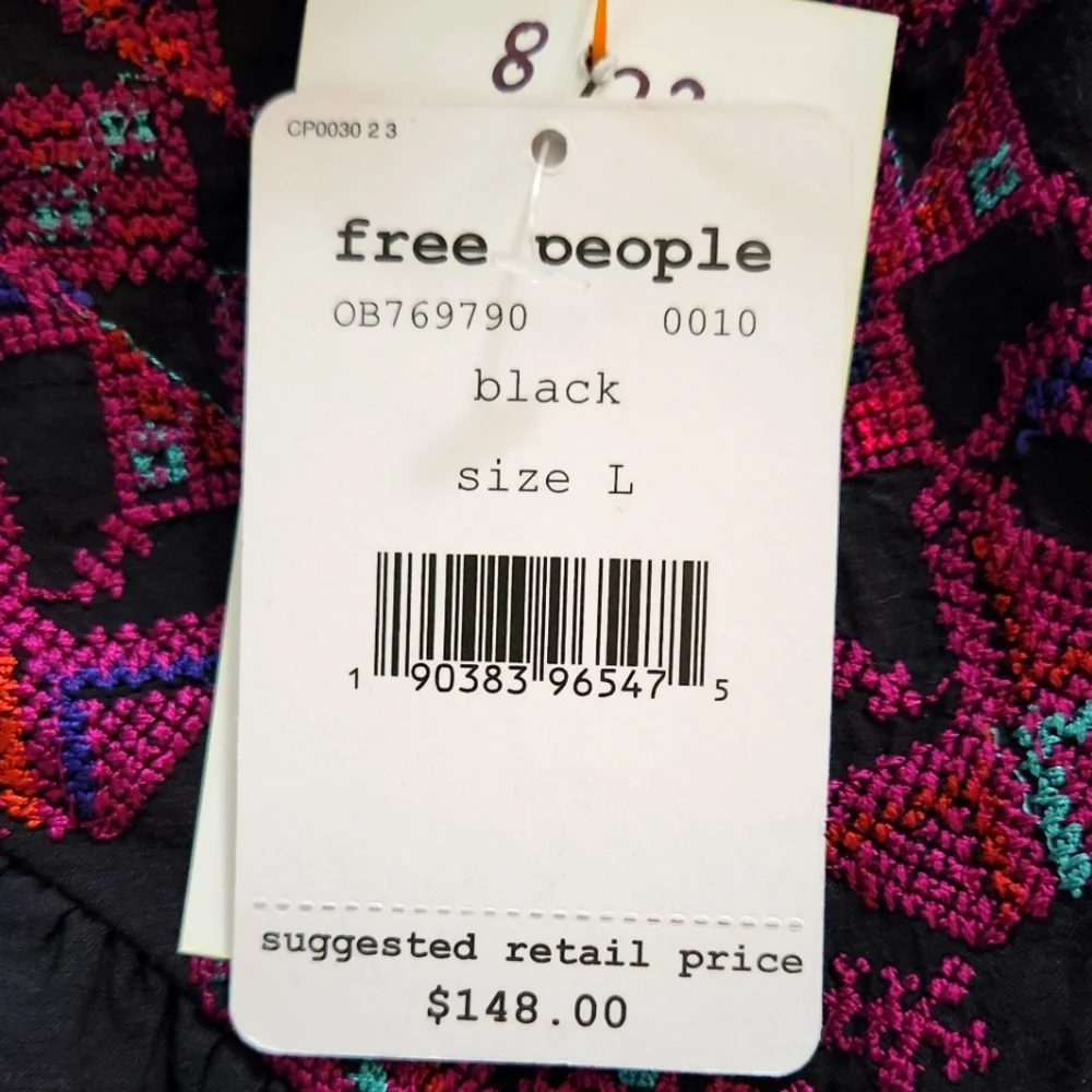 FREE PEOPLE boho festival embroidered vacay vibin peasant top black Large NWT - Picture 5 of 7